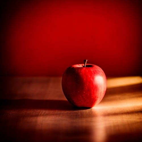 one red apple on table in kitchen,light background