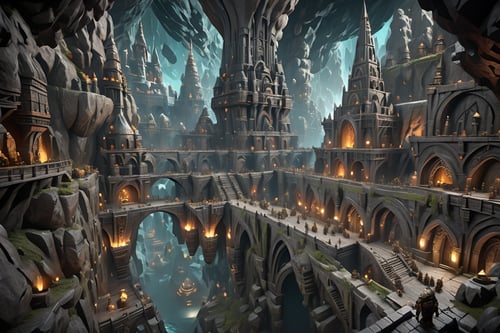 Embark on an epic journey through the awe-inspiring 8K portrayal of a Dwarven Citadel, a subterranean marvel where skilled dwarven craftsmanship and vibrant flora engage in silent yet captivating synergy, weaving an exquisite tapestry of shimmering colors and the enchanting melodies of their ancient lore. Within this underground realm, levels and towering stone towers are testaments to the enduring legacy of dwarven architects. Each facet, from the intricate carvings on stone columns to the timeless beauty of lush underground gardens, is meticulously crafted with unparalleled precision, delivering an immersive ambiance that rivals the grandeur of a cinematic experience. This dwarven stronghold leaves no room for compromise, ensuring that you step into a world teeming with heritage and mystique. The stone-paved streets, ornate stone structures, blooms of subterranean flora, and even a cascading underground waterfall are brought to life with hyper-realistic precision, allowing you to immerse yourself in a breathtaking realm of ancient wonders., dark, bridges, underground gardens, dwarves walking around, busy city, 

depth_of_field, 8k octane render, high detail, masterpiece, hyperdetailed, intricate details, 8K resolution, Cinema 4D, Behance HD, Unreal Engine 5, rendered in Blender, sci-fi, futuristic, trending on Artstation, epic, cinematic background, dramatic, atmospheric, science fiction, (masterpiece, best quality:1.2),no sun light, no natural light.