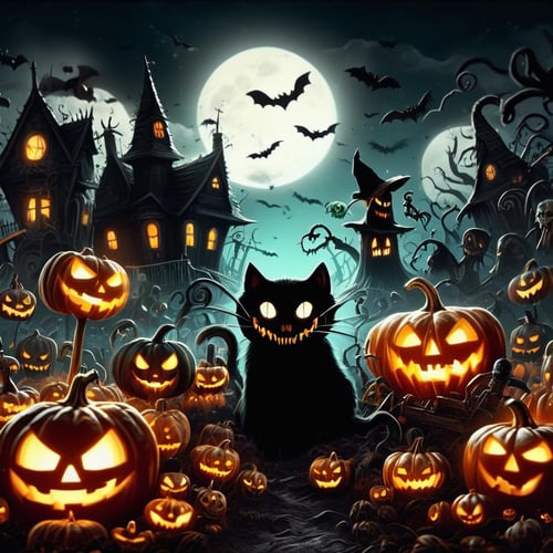 ((realistic,digital art)), (hyper detailed),donmcr33pyn1ghtm4r3xl  Whispering Retro Halloween Headless Horseman Pumpkin Patch Candy Apples Black Cats Wicked Chuckle Skull-shaped Candles Spider Silhouettes Decorating Homes and Yards,  <lora:Creepy_Nightmare-000014XL:1>