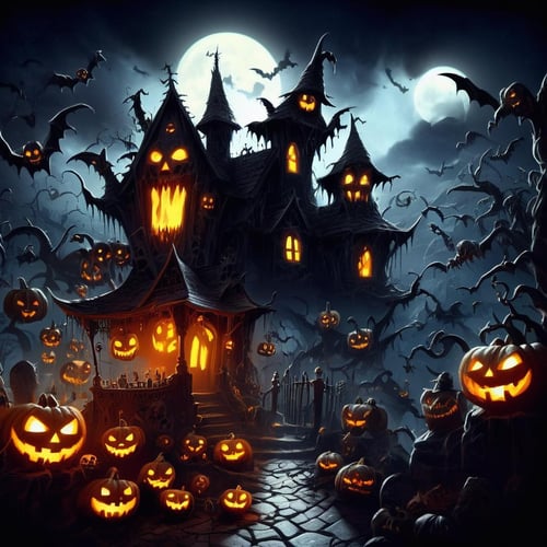 ((realistic,digital art)), (hyper detailed),donmcr33pyn1ghtm4r3xl  Witches' Lair, Haunted, Jack-o'-Lanterns, Gargoyles, Spooky Shadows, Gothic,  <lora:Creepy_Nightmare-000014XL:1>