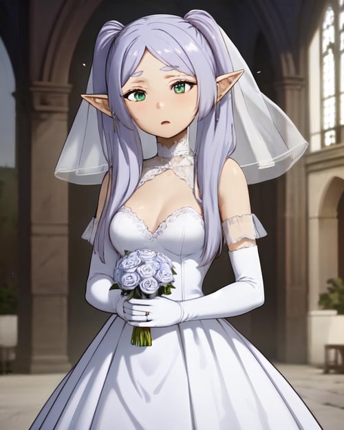 <lyco:Freien-NAI-LyCORIS:0.9>,1girl, solo, freien, standing, holding bouquet, wearing (wedding dress, bridal_gloves, bridal_veil), embarrassed, blush, church background