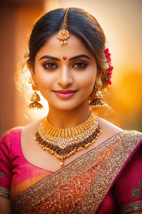 (best quality,4k,8k,highres,masterpiece:1.2),ultra-detailed,(realistic,photorealistic,photo-realistic:1.37),beautiful indian woman,close-up portrait,expressive eyes,long eyelashes,radiant smile,vibrant traditional attire,ornate jewelry,soft and glowing skin,subtle makeup,intricate henna design,graceful pose,golden hour lighting,colorful background,ethereal beauty,warm color tones,bokeh