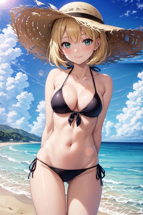 1girl, (mature:1.2), ass visible through thighs, bangs, bare shoulders, beach, bikini, black bikini, blonde hair, blue sky, blush, breasts, cleavage, cloud, cloudy sky, collarbone, cowboy shot, day, front-tie bikini, front-tie top, green eyes, (short hair:1.2), hat, horizon,  lens flare, long hair, looking at viewer, medium breasts, navel, ocean, outdoors, sand, shore, (side-tie bikini:1.2), sidelocks, sky, smile, solo, straw hat, string bikini, sun hat, sunlight, swimsuit, thighs, water, waves, arms at sides, perfect eyes, glossy lips, closed mouth, arms behind back