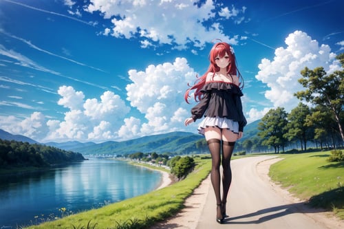 1girl, ahoge, bangs, bare shoulders, beach, black legwear, blue sky, blush, breasts, bush, cliff, cloud, cloudy sky, day, eyebrows visible through hair, flower, forest, grass, hair flower, hair ornament, hill, horizon, island, lake, landscape, long hair, long sleeves, looking at viewer, medium breasts, mountain, mountainous horizon, nature, off shoulder, outdoors, palm tree, path, pond, red eyes, red hair, river, road, scenery, shore, sky, smile, solo, standing, thighhighs, tree, water,