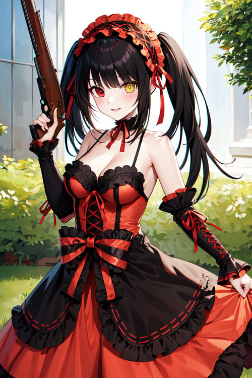 masterpiece, best quality, highres, 1girl, aakurumi, long hair, twintails, hairband, heterochromia, medium breasts, cleavage, black choker, red ribbon, bare shoulders, gothic, red dress, red bow, detached sleeves, red skirt, <lora:tokisaki_kurumi_v1:0.8>, holding weapon, gun, outdoors, smile,