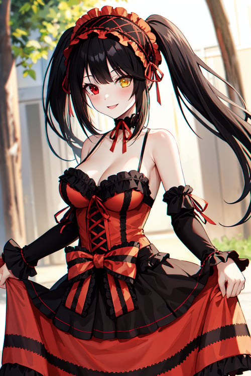 masterpiece, best quality, highres, aakurumi, 1girl, long hair, twintails, hairband, heterochromia, medium breasts, cleavage, black choker, red ribbon, bare shoulders, gothic, red dress, red bow, detached sleeves, red skirt, <lora:tokisaki_kurumi_v1:0.8>, outdoors, skirt hold, smile,