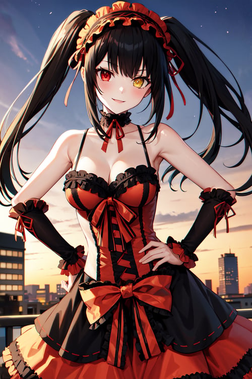 masterpiece, best quality, highres, 1girl, aakurumi, long hair, twintails, hairband, heterochromia, medium breasts, cleavage, black choker, red ribbon, bare shoulders, gothic, red dress, red bow, detached sleeves, red skirt, <lora:tokisaki_kurumi_v1:0.8>, outdoors, smile, hand on hip, night, city, 