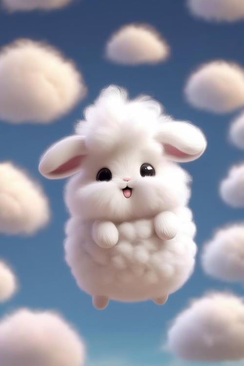 <lora:Cute Animals:1>Cute Animals - Puffluff is a tiny, cloudy Pokémon that resembles a fluffy white rabbit or lamb. Its body is round and soft, with tiny paws and a small, cute face with big, shiny eyes and rosy cheeks. It has small wings that look more like clouds and with which it can float through the air.