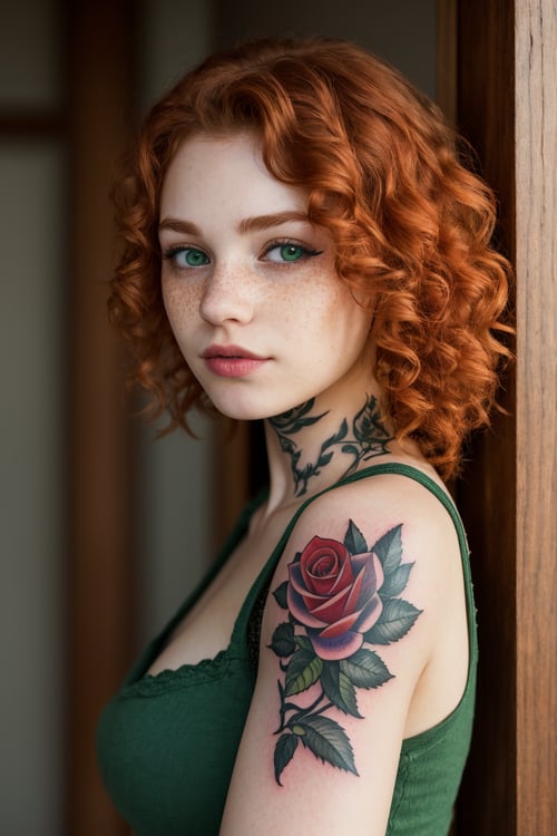 In a (RAW, highest quality) and (extremely detailed 8k CG wallpaper unit), create a (photo-realistic) illustration of a (16-year-old girl) with an extraordinary appearance. This (masterpiece: 1.3) should depict a (short, slender) girl with (red curly hair), (heterochromia - a green right eye and a blue left eye), and a (pale skin) adorned with (detailed freckles). Her (slim, slender body) features (red roses tattoos on the shoulders) and (pagan symbols tattoos on the forearms and hands).