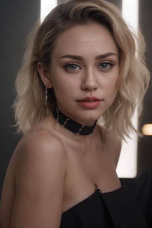 a full body photo of Miley Cyrus, from the music video "Prisoner," Miley Cyrus 28 years old specific physical details: 

Hair: Miley Cyrus flaunts a striking and daring platinum blonde mullet hairstyle, reflecting her edgy and rebellious persona. The mullet features layered, tousled locks that exude a sense of non-conformity and rock 'n' roll attitude.

Eyes: Her captivating and expressive blue eyes are accentuated with dramatic eyeliner and bold, smoky eye makeup, enhancing her intense and seductive on-screen presence.

Facial Features: Miley Cyrus boasts prominent and well-defined facial features, including a set of expressive, thick eyebrows that frame her eyes. Her features also comprise a defined nose, accentuated cheekbones, and lips adorned with a bold, dark-colored lipstick.

Body: Miley Cyrus displays a slender and toned physique, she has very small perfect breasts, small tits, slim waste, small hips, small perfect butt, perfect shaven vagina, perfect pussy.

Height: She stands at an average height, which contributes to her commanding and charismatic on-screen persona.

Makeup: Her makeup style in the video emphasizes bold and intense elements, with heavy eye makeup, sharp contouring, and vibrant lip colors, reflecting the video's bold and unapologetic visual aesthetic.

Jewelry: Miley Cyrus adorns herself with an array of bold and statement jewelry, including chunky chains, chokers, and dangling earrings, adding to her rebellious and glamorous look in the music video.

Demeanor: Throughout the video, Miley Cyrus exudes a raw and uninhibited energy, exuding confidence and assertiveness, embodying the song's themes of empowerment and self-liberation.

This detailed depiction of Miley Cyrus in the "Prisoner" music video serves as a comprehensive reference for AI-generated artwork, capturing her distinct physical attributes and dynamic stage persona.
,Miley Cyrus