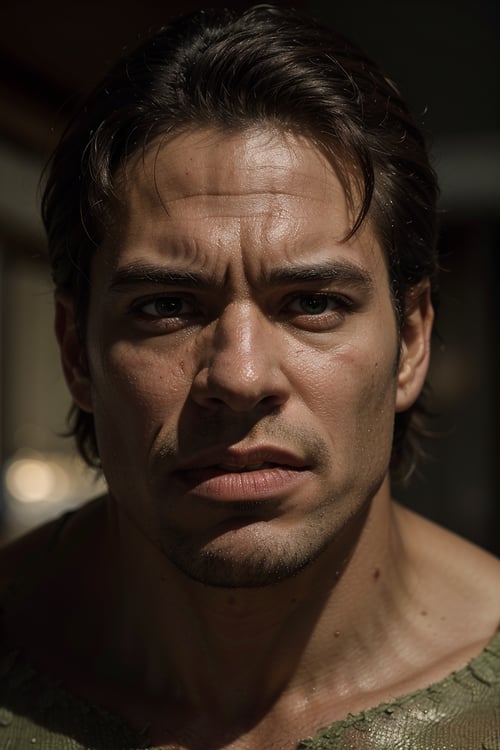 Close-up portrait of the Hulk in an atmospheric scene, (masterpiece, best quality), showcasing the detailed beauty of his face and the intricate texture of his skin, capturing every nuance of his ultra-detailed body (1.1)