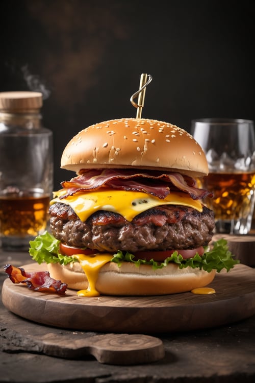 a delicious triple meat burger with bacon and yellow cheese, accompanied with a glass of whiskey on the rocks


.,Leonardo style 
