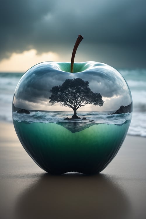 lovely double exposure image by blending together a stormy sea and a glass apple. The sea should serve as the underlying backdrop, with its details subtly incorporated into the glossy glass apple, sharp focus, double exposure, glossy glass apple, (translucent glass figure of an apple) (sea inside) lifeless, dead, glass apple, earthy colors, decadence, intricate design, hyper realistic, high definition, extremely detailed, dark softbox image, raytracing, cinematic, HDR, photorealistic (double exposure:1.1)




.,Leonardo style 