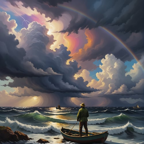an impressionistic artwork LSD Trip an fisherman on open see in a stormy see ,colorful sky