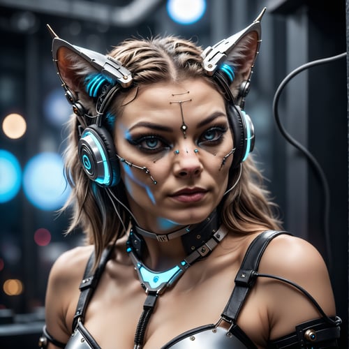 closeup of a cyborg woman with cat ears , cabel and wires cyberpunk nightclub background, techno rave,, high quality photography, 3 point lighting, flash with softbox, 4k, Canon EOS R3, hdr, smooth, sharp focus, high resolution, award winning photo, 80mm, f2.8, bokeh