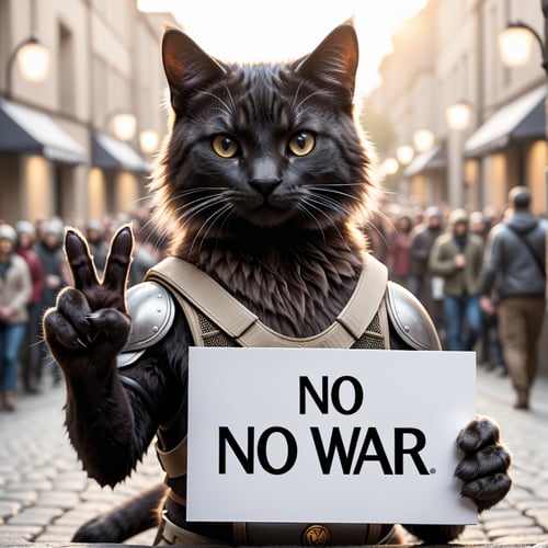 line art drawing cinematic film still a activist cat rally, protesting against war, making a peace sign, holding a sign text:("No War") ,paws , shallow depth of field, vignette, highly detailed, high budget, bokeh, cinemascope, moody, epic, gorgeous, film grain, grainy, high quality photography, 3 point lighting, flash with softbox, 4k, Canon EOS R3, hdr, smooth, sharp focus, high resolution, award winning photo, 80mm, f2.8, bokeh . professional, sleek, modern, minimalist, graphic, line art, vector graphics, high quality photography, 3 point lighting, flash with softbox, 4k, Canon EOS R3, hdr, smooth, sharp focus, high resolution, award winning photo, 80mm, f2.8, bokeh