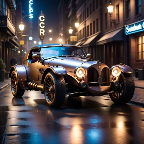 a steampunk sports car in a cyberpunk city at night, high quality photography, 3 point lighting, flash with softbox, 4k, Canon EOS R3, hdr, smooth, sharp focus, high resolution, award winning photo, 80mm, f2.8, bokeh