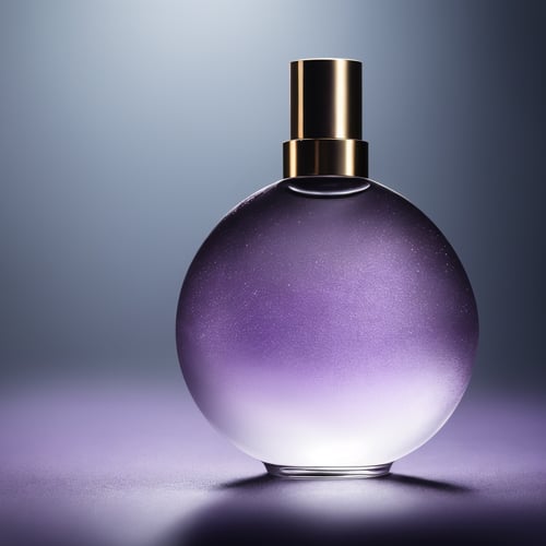 A beautiful, highly-detailed photograph captured in 8k resolution with exceptional quality and masterful composition. The image depicts a perfume bottle as the main subject, showcasing its intricate design and luxurious packaging. The photo-realistic rendering brings out every minute detail, from the glossy finish of the bottle to the delicate curves of its silhouette. The background features a mesmerizing shiny surface in shades of purple, creating an elegant and captivating atmosphere. The water surface reflects light, enhancing the overall visual impact. The focus is solely on the perfume bottle, emphasizing its distinct features. This image is intended to showcase the product's exquisite craftsmanship and allure.
