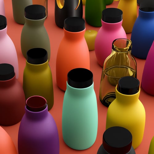 A futuristic, 3D product render of a finely detailed ((ceramic)) bottle. The artwork should showcase the purism and minimalism of the design. The bottle should be rendered using UE5 and Octane Render, ensuring high quality and ultra-detailed visuals. The image should be in 4K resolution, with vibrant and vivid colors. The lighting should enhance the sleek and modern aesthetic of the bottle, creating a visually striking composition.