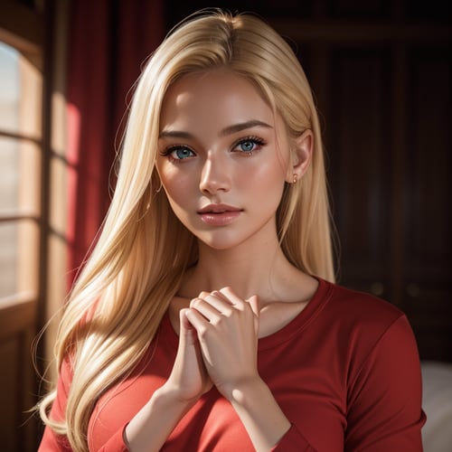 RAW photo,  portrait of a beautiful blonde woman wearing a red shirt (high detailed skin:1.2),  8k uhd,  dslr,  soft lighting,  high quality,  film grain,  Fujifilm XT3,  ((((hands))), 
