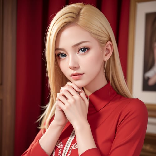 RAW photo,  portrait of a beautiful blonde woman wearing a red shirt (high detailed skin:1.2),  8k uhd,  dslr,  soft lighting,  high quality,  film grain,  Fujifilm XT3,  ((((hands))), 
,Wonder of Art and Beauty