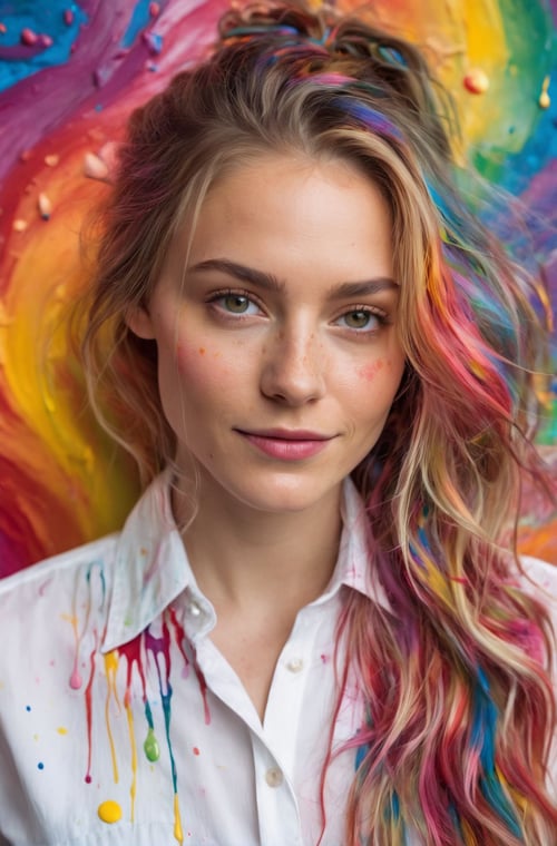 (absurdres, best quality, highly detailed:1.2), a pale woman, photo, photorealistic, realistic, cinematic film, cinematic lighting, wearing a white button up shirt, close up on face, colorful paint swirl background, long colorful hair, paint drops on face, slight smile
