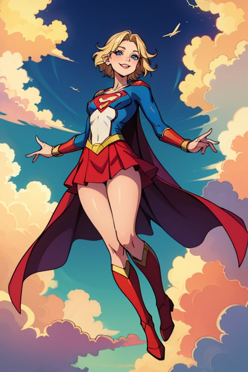 masterpiece, best quality, highres, absurdres, best quality, 1woman30yo, blonde hair, medium breast, sky, (clouds:1.15), smile, suspended in the air, full body, from away, metropolis, supergirl costume, from below,