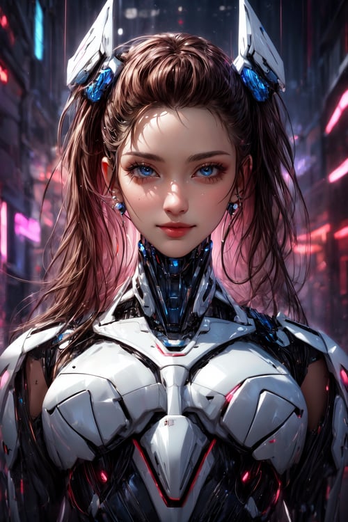 Masterpiece, High quality, 64K, Unity 64K Wallpaper, HDR, Best Quality, RAW, Super Fine Photography, Super High Resolution, Super Detailed, 
Beautiful and Aesthetic, Stunningly beautiful, Perfect proportions, 
1girl, Solo, White skin, Detailed skin, Realistic skin details, 
Futuristic Mecha, Arms Mecha, Dynamic pose, Battle stance, Swaying hair, by FuturEvoLab, 
Dark City Night, Cyberpunk city, Cyberpunk architecture, Future architecture, Fine architecture, Accurate architectural structure, Detailed complex busy background, Gorgeous, 
Sharp focus, Perfect facial features, Pure and pretty, Perfect eyes, Lively eyes, Elegant face, Exquisite face, Delicate face, 