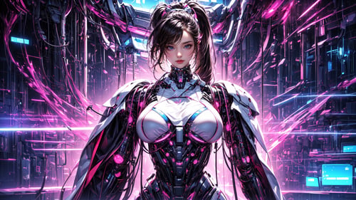 Accurate anatomy, accurate body structure, accurate breast structure, Bright color matching, high contrast,
full body, (upper body:1.2), 
1girl, solo, beautiful face, black_hair, Long ponytail,  (gigantic breast:1.2),  (wires), robotic body, robotics arms, robotic legs, robotic hands, armored, straight leg, mechanical, mecha, light particles, Pink Mecha, All-round fill light, 
kimono, laboratory,
CyberMechaGirl,Cyberpunk,CyberMechaGirl
