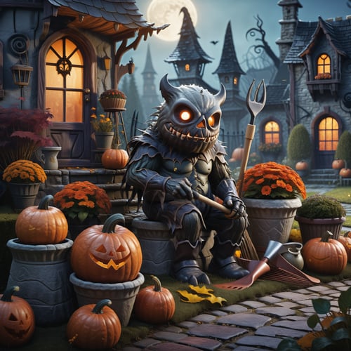 monsters gardening infront flowerpots and gardening tools,  autumn eve,  halloween season,  ((best quality)),  ((masterpiece)),  ((ultra-detailed)),  high resolution, , , , , 
,halloween