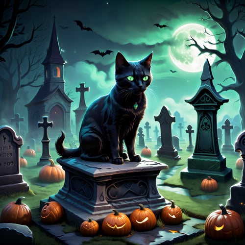 a graveyard on Halloween night, with a mysterious black cat perched on an ancient tombstone. The graveyard is shrouded in darkness, with moonlight casting an ethereal glow on the weathered gravestones. Wisps of fog drift through the air, adding to the eerie atmosphere. The black cat, with its piercing green eyes, adds an element of mystery and superstition to the scene. 