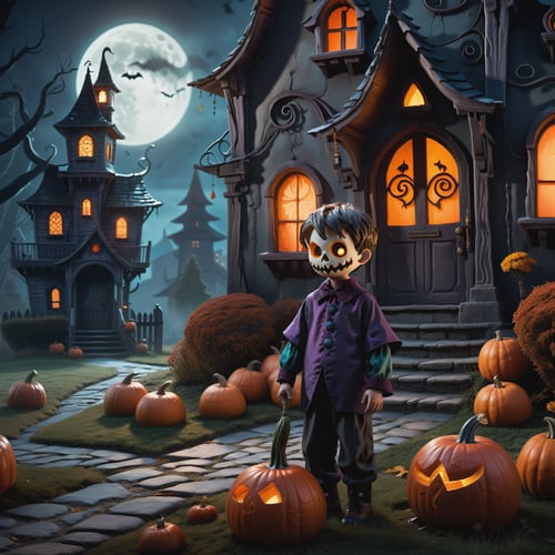 a mischievous boy in a Halloween costume, standing in front of a haunting house with a pumpkin in hand. The boy's costume is a playful yet spooky creation, with vibrant colors, whimsical accessories, and a mischievous grin on his face. He holds a perfectly carved pumpkin, its candlelight flickering with an enchanting glow. The haunting house behind him exudes an air of mystery, with its looming presence, creaking doors, and eerie shadows.
