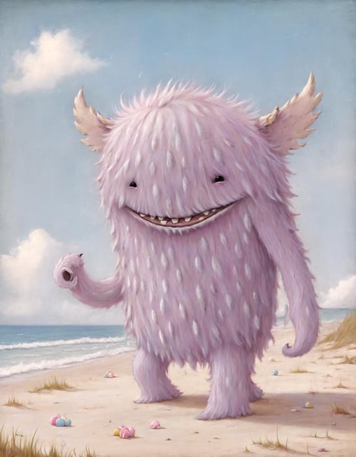 fluffy creature wlaking on a beach, sunny day, candy cotton clouds,(potma style:1.05), detailed, ,