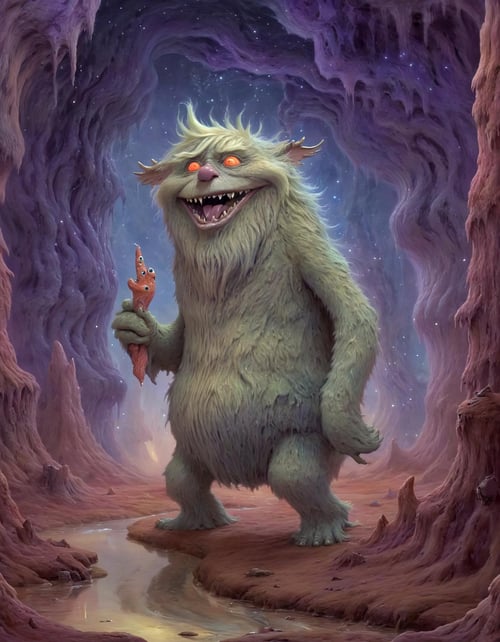 (donald trump:1.45) as Furry beings in magical realms,Radiant glows, mysterious mists, and vibrant palettes, portraying fluffy monsters in surreal and magical environments.,(potma style:1.05), detailed, ,