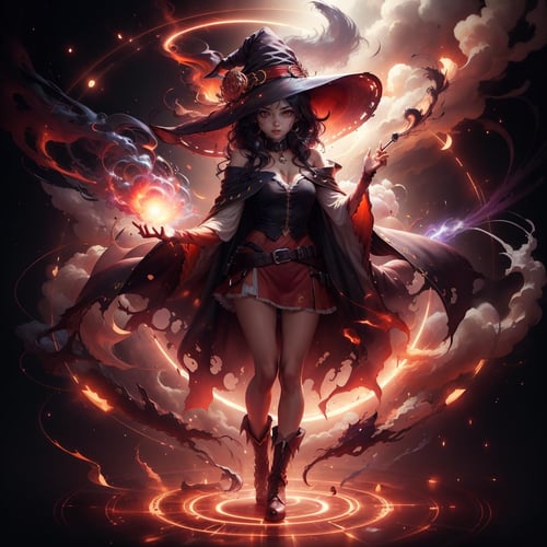 <lora:ExplosionMagic-20:0.7>, explosionmagic ,   smoke, glowing aura ,   excessive energy,    magic circles , beam from the sky ,  casting a spell,   <lora:St_Megumin:0.7>, Huihui, 1girl, hat, megumin, solo, witch hat, red eyes, cape, black hair, short hair, short hair with long locks,  choker, collar , red dress,   bare shoulders, full body, arm up, 