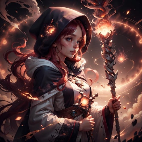 <lora:ExplosionMagic-20:0.65>, explosionmagic ,    shockwave circles,  smoke clouds , (mage:1.1) , enchanted robe , holding staff, mage staff , hood up,red hair, long hair, 1girl, 