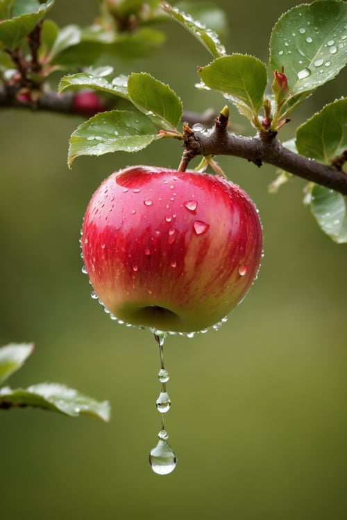 Capture an exquisite macro photograph of an (apple) tree bearing a single (apple), showcasing a (water droplet) in breathtaking detail. The shot should emphasize the (close-up) beauty of nature, with a (sharp focus) and a (high-definition resolution), offering viewers a glimpse into the intricate world of this apple tree and its glistening fruit.