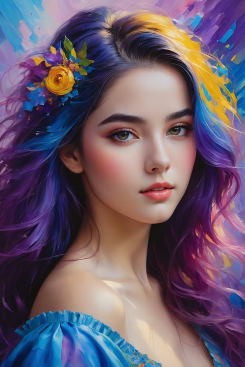 An enchanting 8K oil painting masterpiece, (A vibrant and youthful woman, 18 years old, her hair artfully tousled:1.3), Exquisitely portraying her perfect face with soft, flawless skin, adorned with a delightful blend of blue, yellow, light purple, and violet hues, accentuated with hints of light red, (An intricate celebration of beauty:1.3), Every detail meticulously crafted in a mesmerizing display of colors, resembling a stunning splash screen, (An 8K resolution masterpiece that captivates the eye:1.3), A cute face brought to life in the realm of art, destined to grace ArtStation's digital painting hall of fame, (A smooth and artistic portrayal that defies convention:1.3)