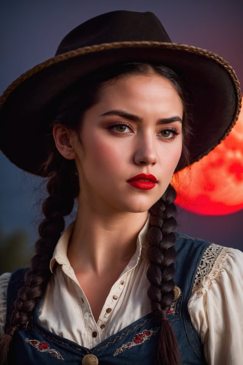 (23-year-old woman), (determined face), (red lips), (black hair braided to the side), (period clothes), (cowboy hat), (blood moon in the background).