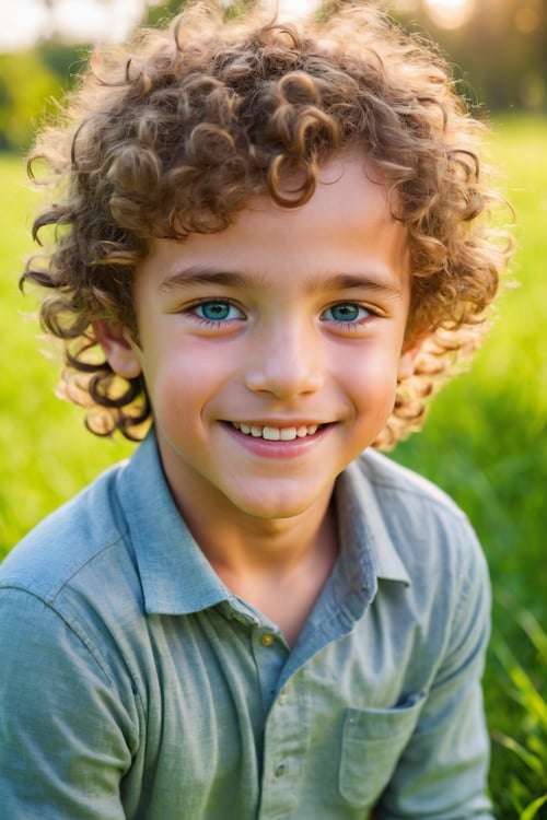 (best quality,highres,masterpiece:1.2),beautiful detailed face, cute smile,outdoor,boy,blue eyes,soft curly hair,lively expression,playful pose,vibrant colors,warm sunlight,green grass,trees in the background