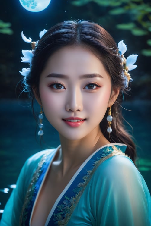 closed lips, cute smile, asian girl, high quality, 8K Ultra HD, beautiful Goddess of the Moonlit Lake, Discover the enchanting beautiful Goddess of the Moonlit Lake, who emerges from the water under the moon's soft glow, Adorned in flowing aquatic attire, she embodies the beauty of the moon's reflection on the lake's surface, Ethereal water creatures, such as water nymphs and luminescent fish, surround her, creating an aura of aquatic wonder, The color palette features moonlit blues, aquatic greens, and hints of silvery moonlight, evoking the allure of moonlit waters, by yukisakura, high quality,