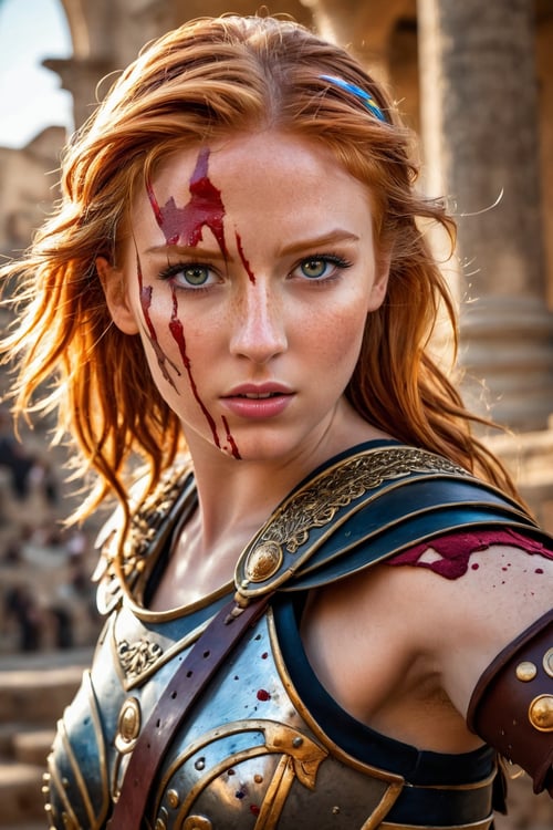 (Create an epic and detailed masterpiece) in a ((comic style)) featuring a ((Roman ginger-haired girl)) as a gladiator engaged in a fierce battle within the Coliseum. This composition should be a ((close-up portrait)) capturing the girl in a ((dynamic pose)) with dramatic ((lighting)) on her face,  creating a captivating play of shadows. Utilize ((triadic colors)) and a ((detailed splatter ink)) effect to enhance the intensity. Focus on creating a highly detailed image,  emphasizing the girl's perfect face,  sharp,  glowing eyes,  and intricate pose,  making it a tiny details masterpiece in ((high quality)),<lora:EMS-74104-EMS:0.800000>
