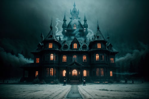 (dark castle:1.2), (cinematic and haunting:1.3), Immerse yourself in the haunting atmosphere of a big, dark castle, enshrouded in ghostly smoke. The horror theme is intensified with high contrast, cinematic lighting, and super vibrant colors against a cinematic background, delivering a photo-realistic and dynamic scene that captures the essence of a chilling short cinematic experience.