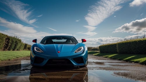 masterpiece,photo of landscape, sunny weather,(sports car,color {blue and red incandescent}), 8k,hdr, high quality, film grain,reflection masterpiece, vivid colours , weather ,puddles