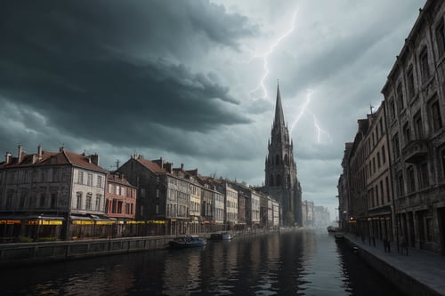 Gothic city built on the water of the bay, street canals, north, low thunderclouds, lightning striking the water of the bay, a gloomy gothic temple rises in the center, ((best quality)), ((masterpiece)), ((realistic, digital art) ), (hyper detail), , octane rendering, ray tracing, volumetric lighting, backlighting, frame lighting, 8K, HDR, Greg Rutkowski