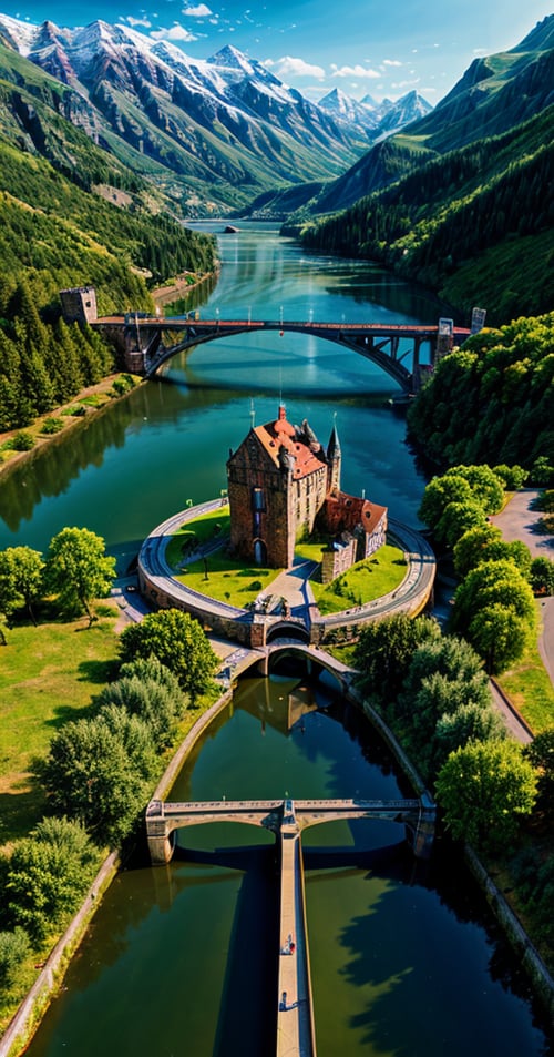 masterpiece, best quality, official_art, surreal photography of an old castle on the river_side, bridge, mountain, valley, summer, aerial_shot, no_humans