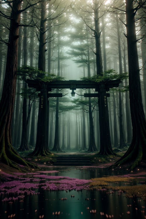 A captivating Japanese torii gate, standing tall amidst an enchanted bioluminescent forest that emanates ethereal beauty and a touch of magic. This mesmerizing scene is inspired by the unique style of Cathleen McAllister, blending elements of realism and fantasy. The torii gate is illuminated by the soft, enchanting glow of bioluminescent bugs, creating a wondrous and otherworldly atmosphere. The digital artwork is a testament to the artist's creativity and attention to detail, transporting viewers to a world of enchantment and awe. The color scheme features a mesmerizing array of luminescent hues, adding to the magical allure of the forest. Skillfully using digital art techniques, the artist brings the scene to life, evoking a sense of wonder and inviting viewers to immerse themselves in this enchanting realm.(octane render, unreal engine 5)
