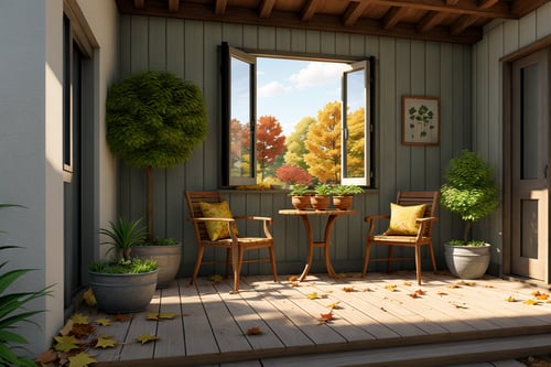 countryside, autumn, fallen leaves, yellow leaves, landscape, indoor, house, door, window, yard, table and chairs, bowls and chopsticks, dish, outdoor, plant, potted plant, tree, flowerpot, ,FFIXBG