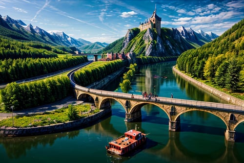 masterpiece, best quality, official_art, surreal photography of an old castle on the river_side, bridge, mountain, valley, summer, aerial_shot, no_humans