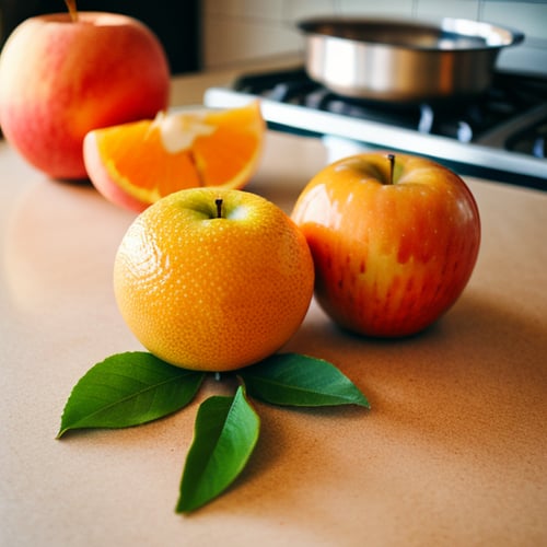 one orange and one apple on table in kitchen